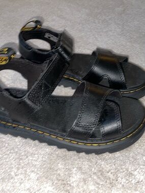 Dr. Martens Kids Black Leather Fisherman Sandals with Yellow Stitching